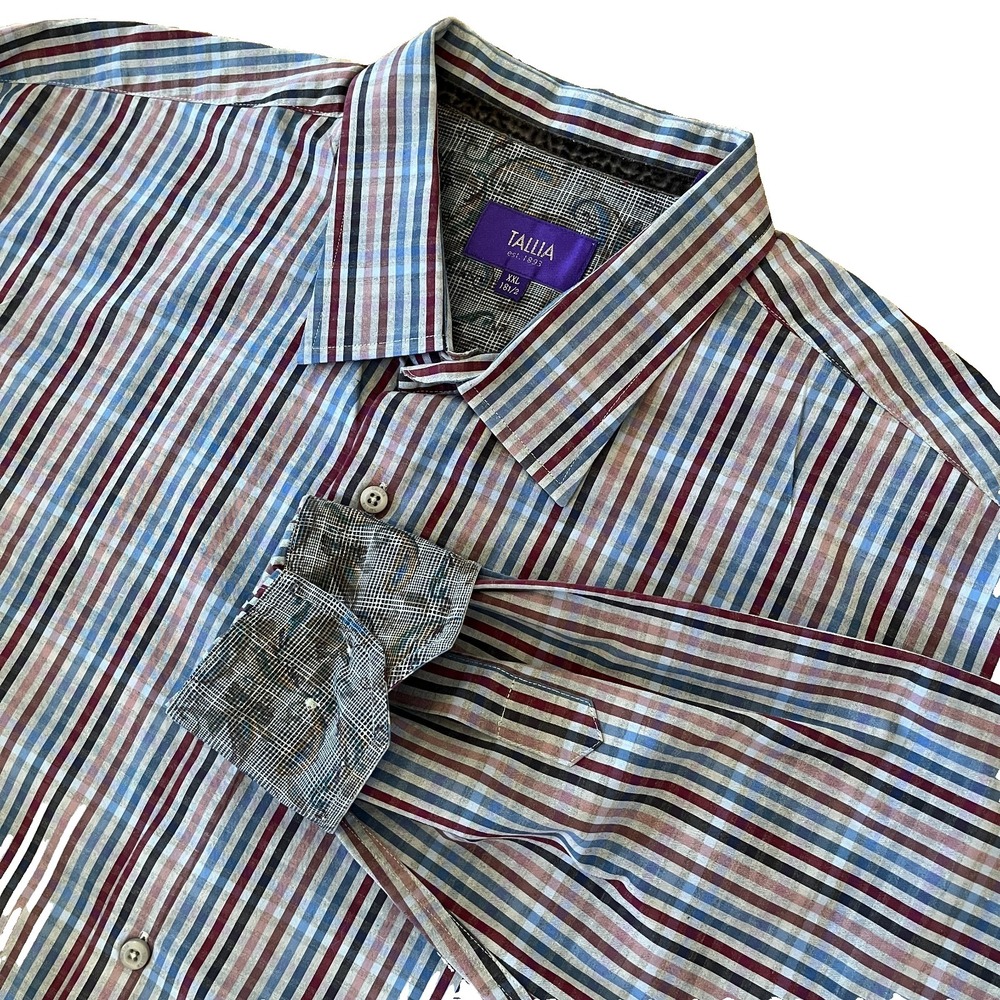Tallia Mens Dress Shirt XXL 18.5 Flip Cuff Paisley Gingham Check Cotton Gray 2XL